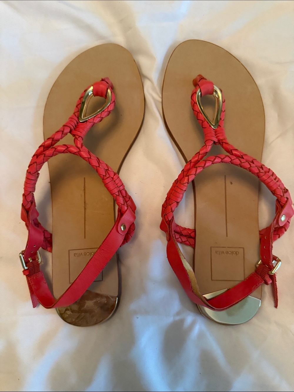 Dolce Vita Coral Braided T-Strap Sandals with Gold Accents